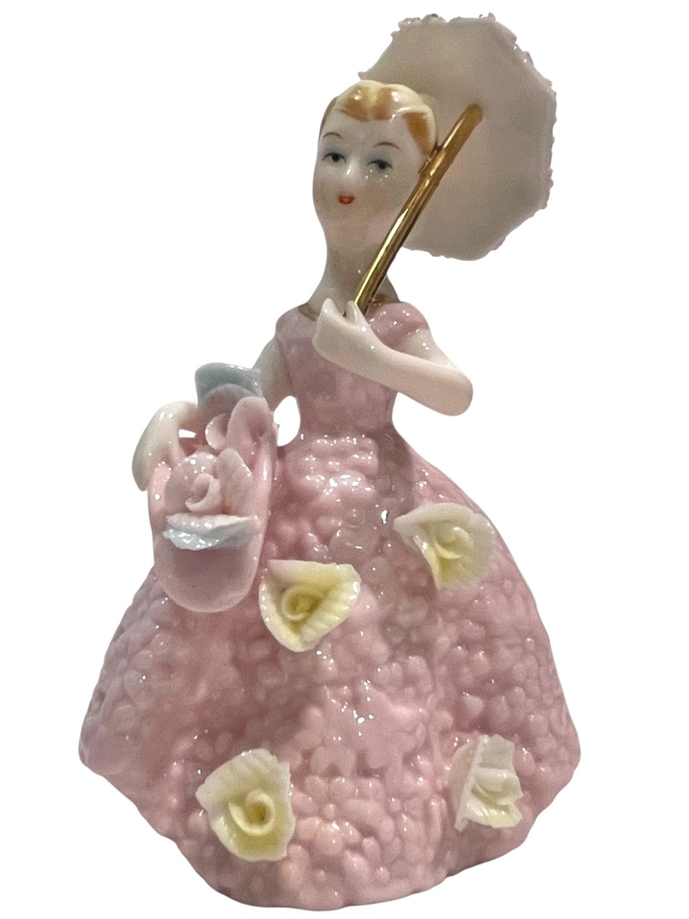 Vintage 1950s Victorian Lady with Applied Flowers Parasol Artmark Original AS IS